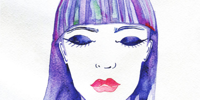 beautiful girl, her eyes closed. watercolor fashion illustration.