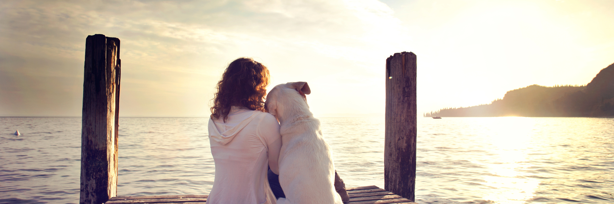 woman and her dog sitting on a pier watching the sunrise