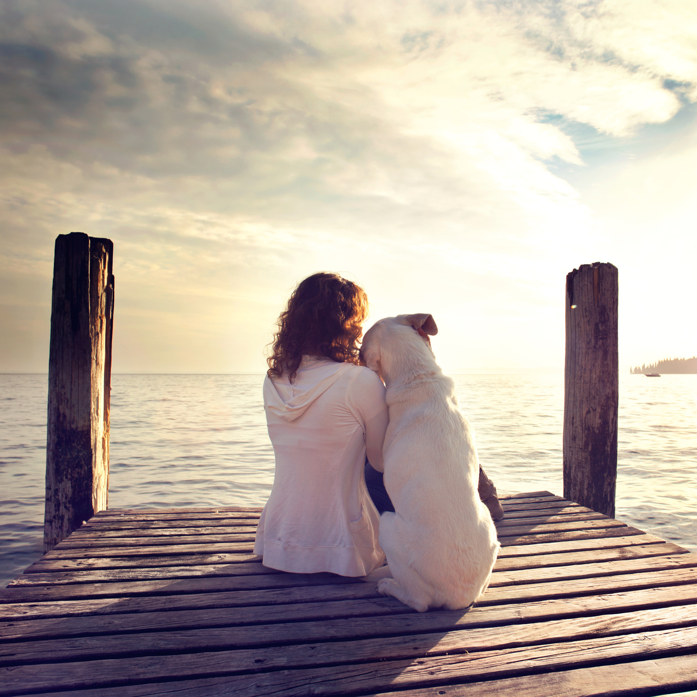 woman and her dog sitting on a pier watching the sunrise