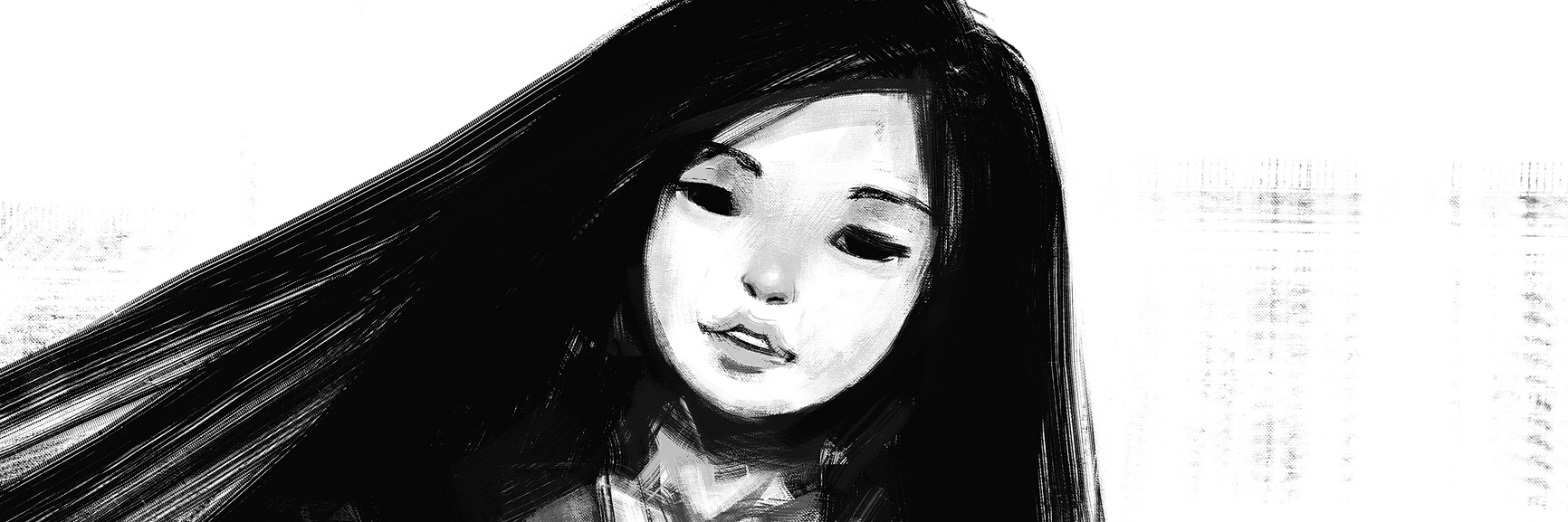A black and white digital painting of a girl.