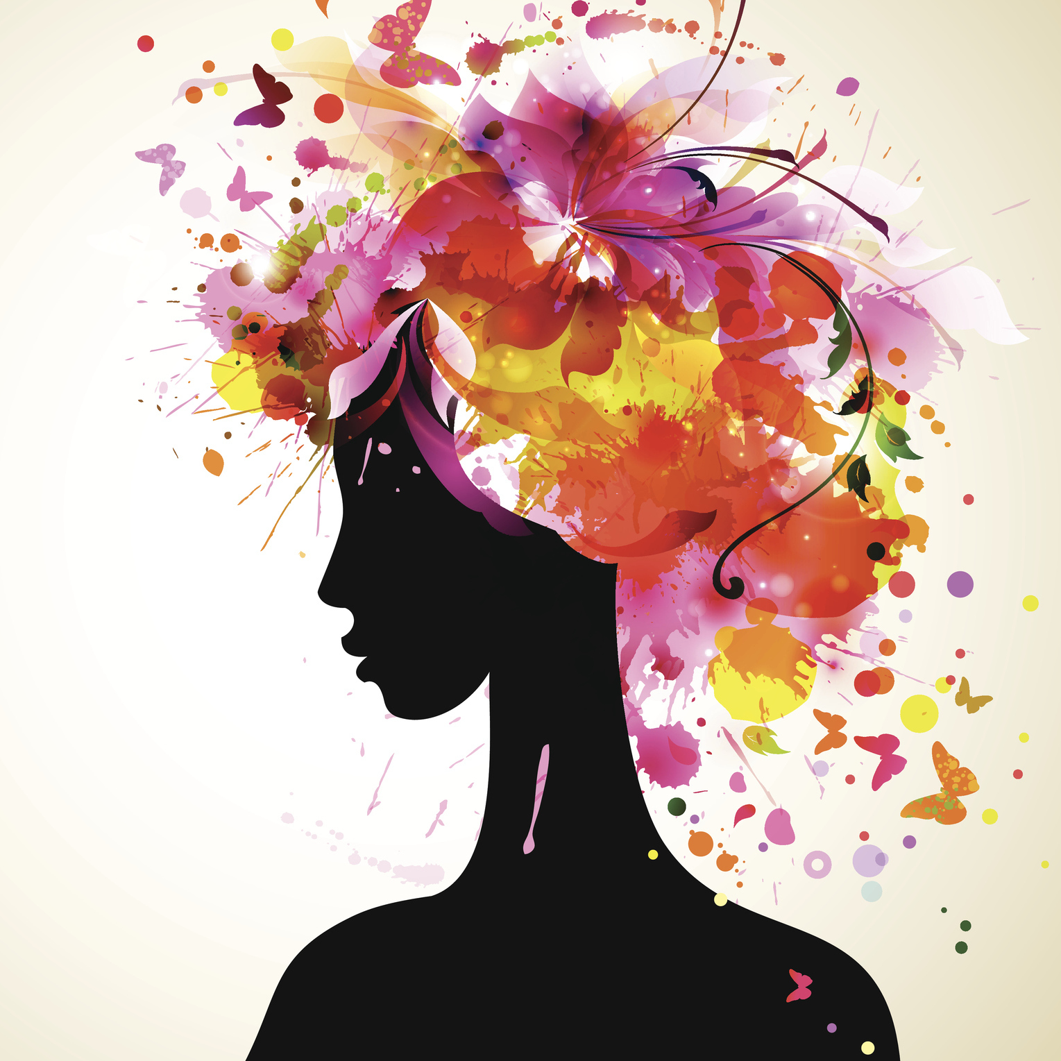watercolor of woman with colorful flowers around her head