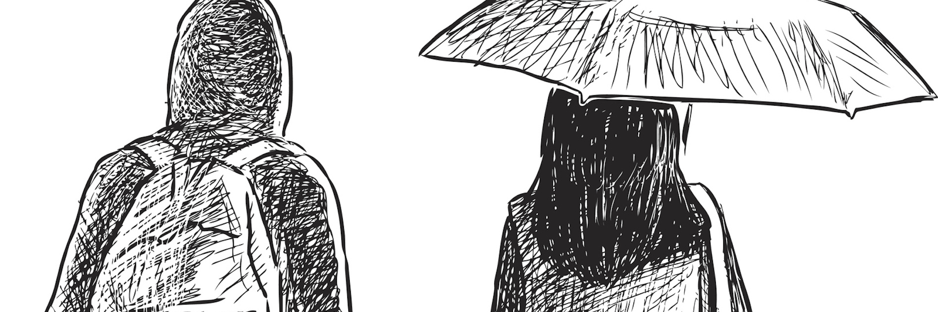 Illustration of two people walking, one wearing a backpack and the other holding an umbrella