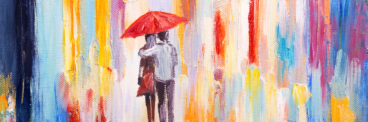 Self-Harm Made Me Feel Unworthy of Love A painting of a woman and a man standing under a umbrella