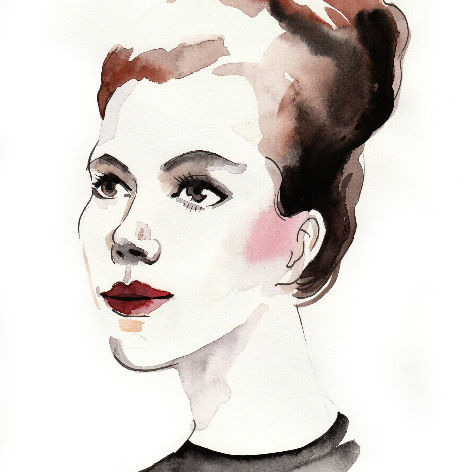 painting of a woman in a black shirt with her hair in a bun