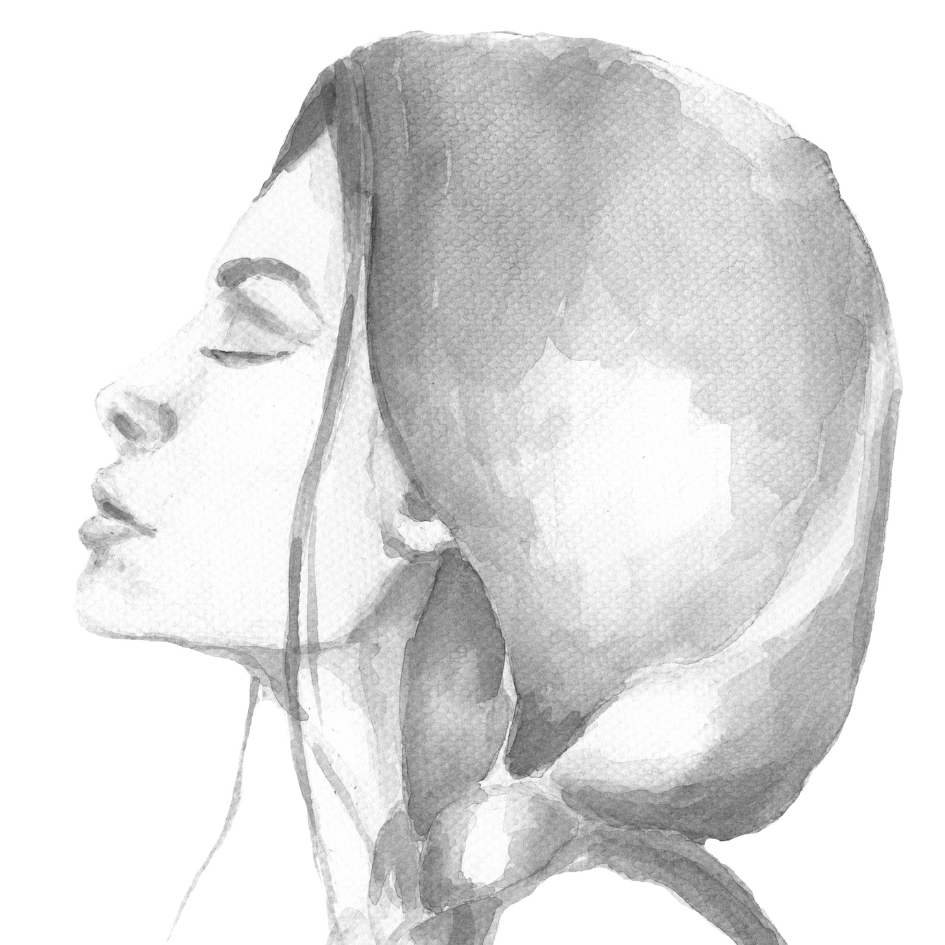 black and white watercolor painting of a woman with a braid in her hair