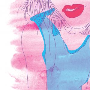 watercolor painting of a woman in a blue tank top with red lipstick