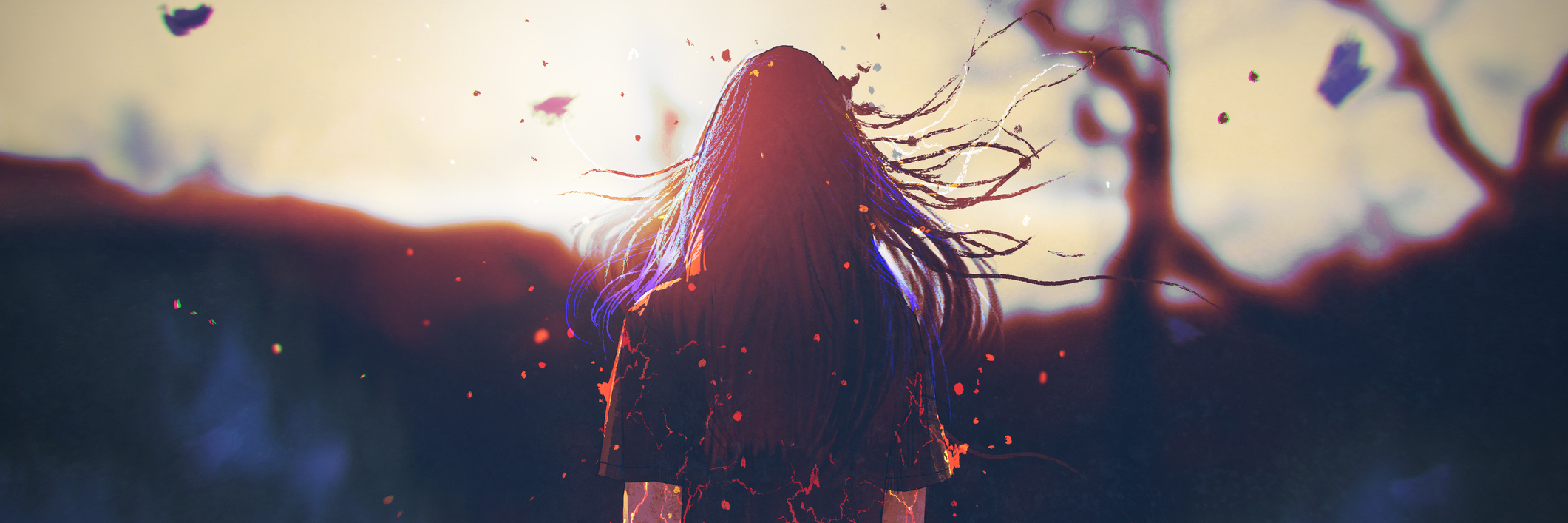 How You Can Help Me When I'm Struggling With Self-Harm rear view of woman with cracked effect on her body looking the sunrise,illustration painting