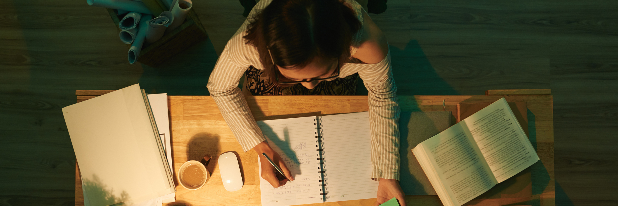 Female studying at desk.