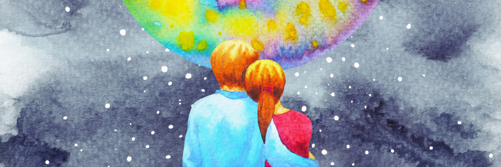 illustration of a couple sitting on the earth and looking at a colorful moon
