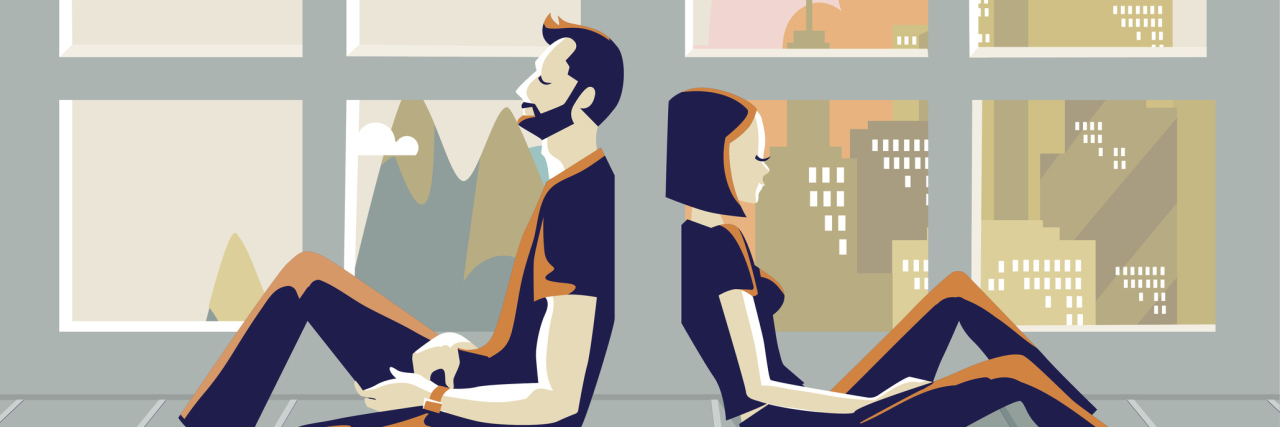 Being a Parent of Someone Struggling With an Eating Disorder illustration of a couple sitting back to back in front of a window as life goes by