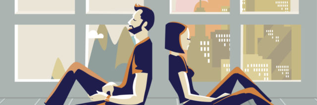 illustration of a couple sitting back to back in front of a window as life goes by