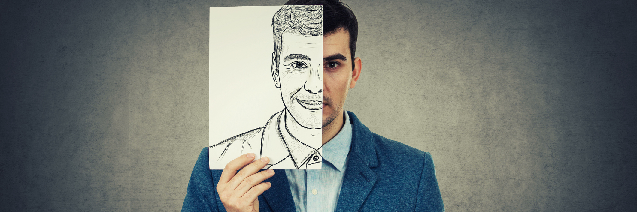 My Multiple Sclerosis Mask Portrait of a sad businessman hiding half his face using a white paper drawn with a fake happy emotion. Mask for hiding the real face expression.