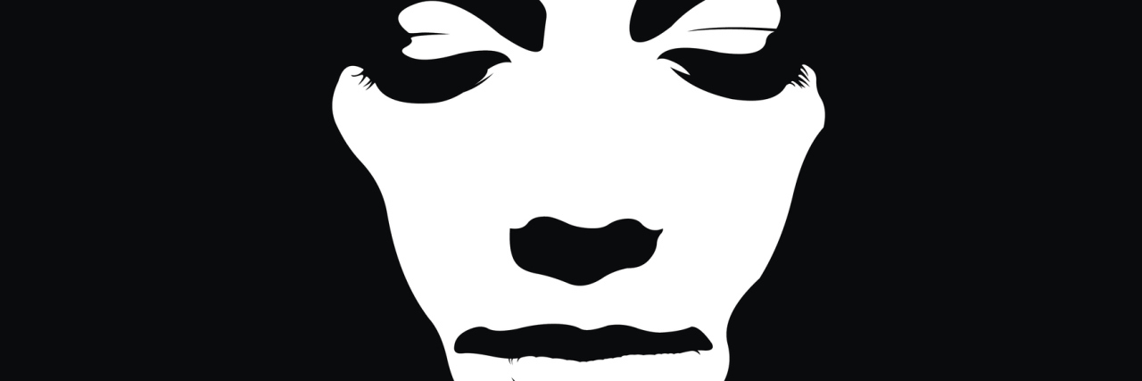 A Letter to the Body I've Hated for Too Long Due tone retro style poster of woman face looking down.