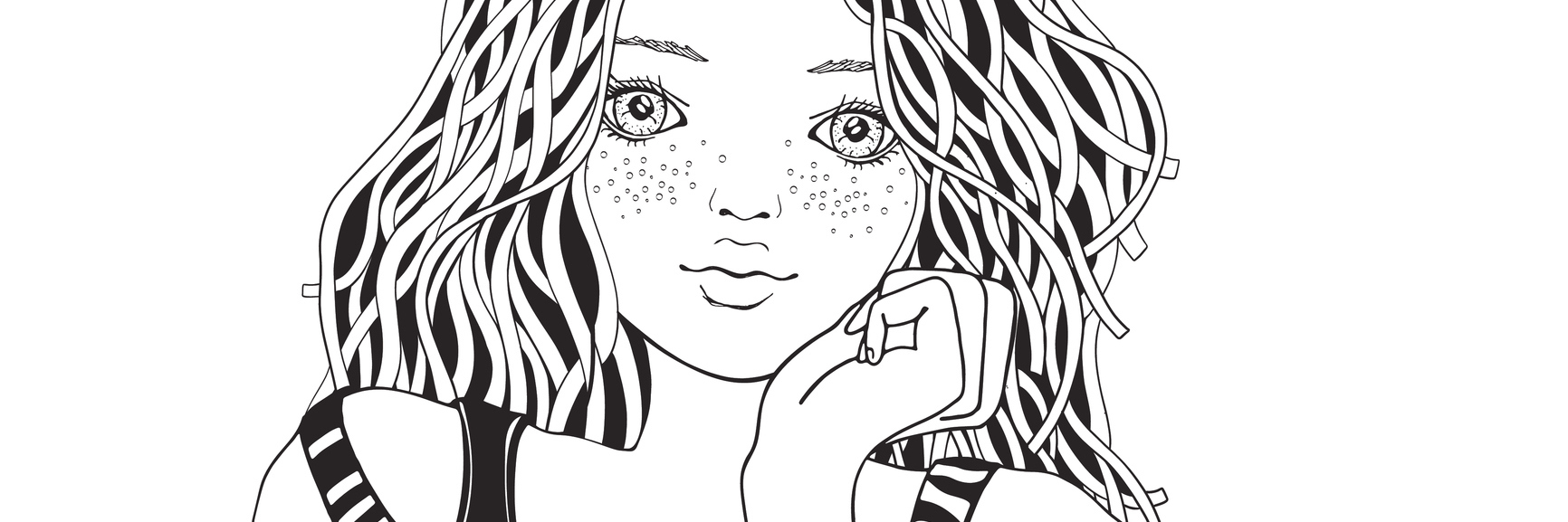 Cute girl in a striped sweater. Coloring book page for adult. Black and white. Doodle style.