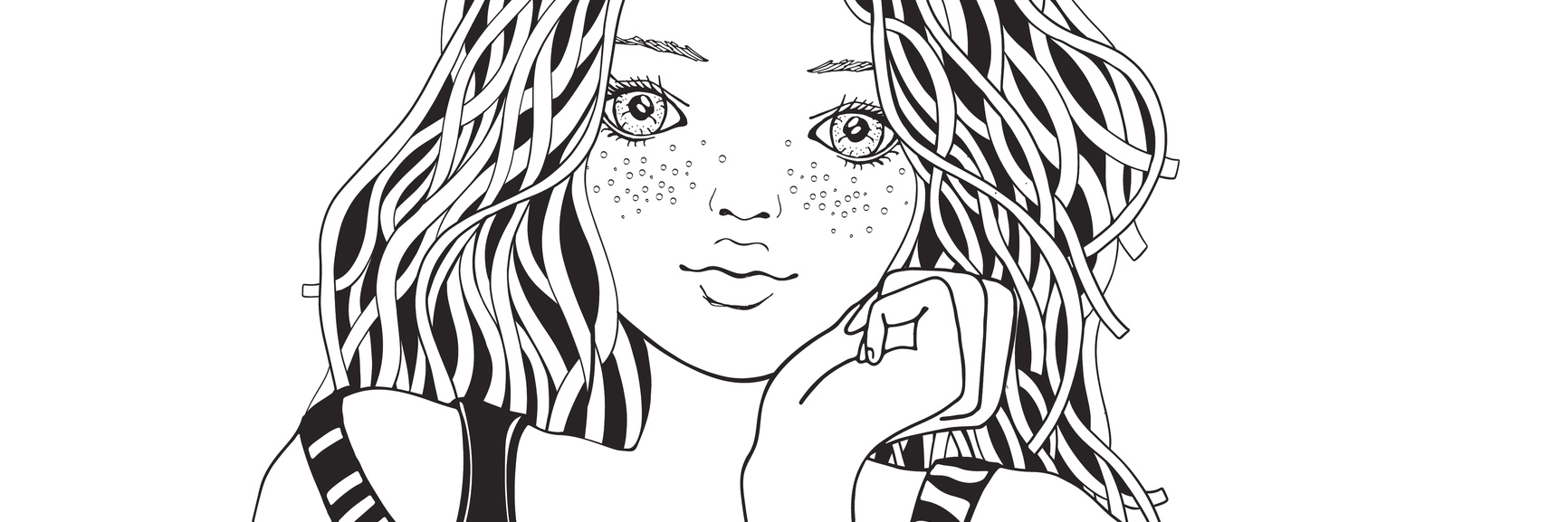 What Depression Looks Like on a Self-Identified Extrovert Cute girl in a striped sweater. Coloring book page for adult. Black and white. Doodle style.