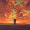 lonely man looking at fiery sunset sky with digital art style, illustration painting