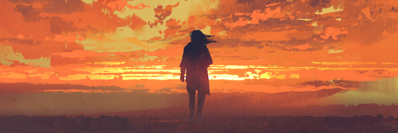 Not Working is Crucial to Recovering From My Mental Illness lonely man looking at fiery sunset sky with digital art style, illustration painting