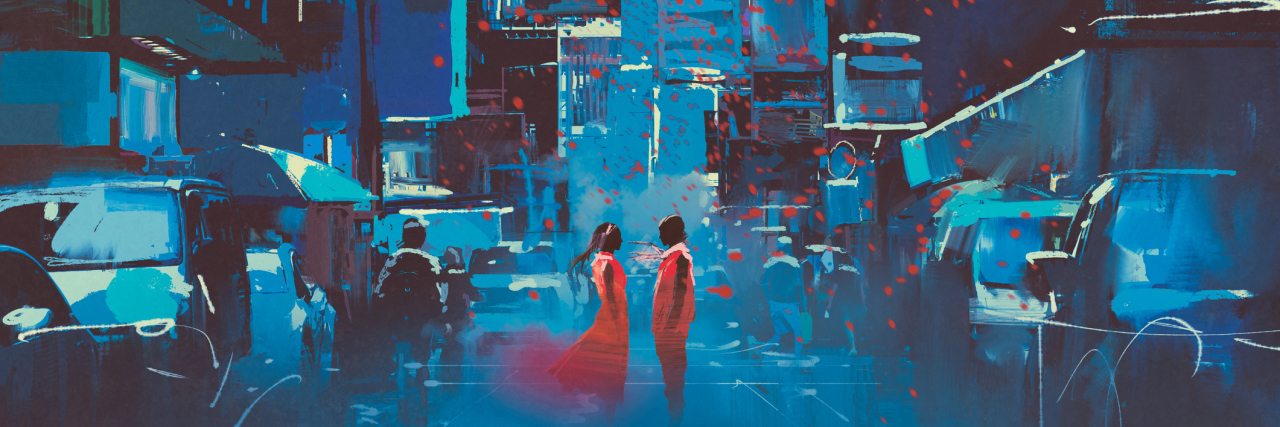 When Depression Makes You Fear You Are 'Too Hard' to Love man and woman in red standing in blue city with digital art style, illustration painting