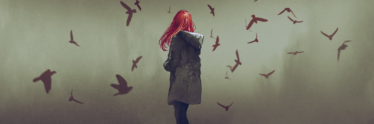 When the Work Day Ends and Depression Begins A woman standing, surrounded by birds