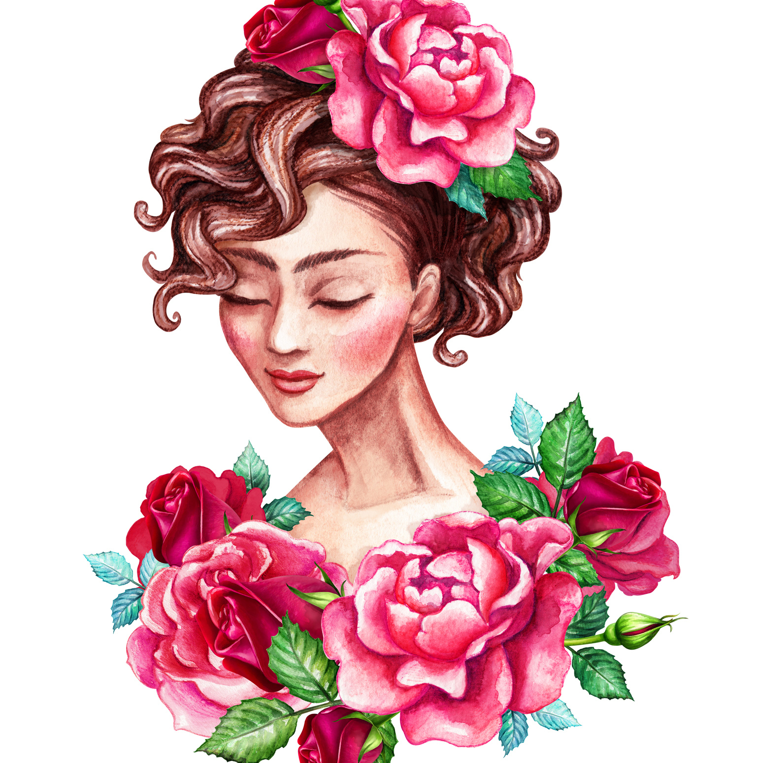 painting of a woman surrounded by red and pink roses