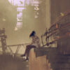 woman reading a book and sitting on stairs against industrial buildings background, digital art style, illustration painting