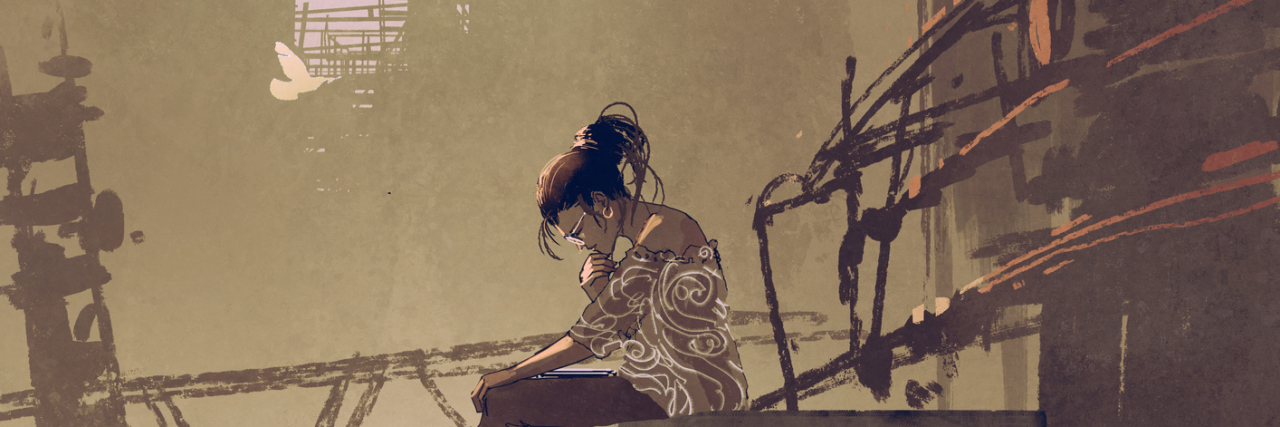 Anxiety Doesn't Control Me, Even if I Can't Control It woman reading a book and sitting on stairs against industrial buildings background, digital art style, illustration painting