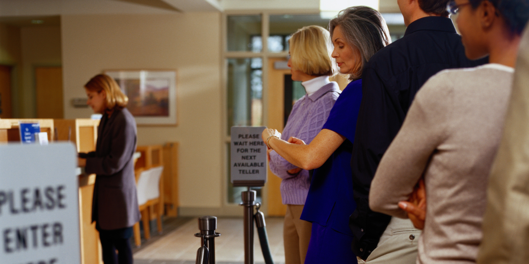 Reason for waiting. A good Citizen should wait in line at the Bank or at the Post Office..