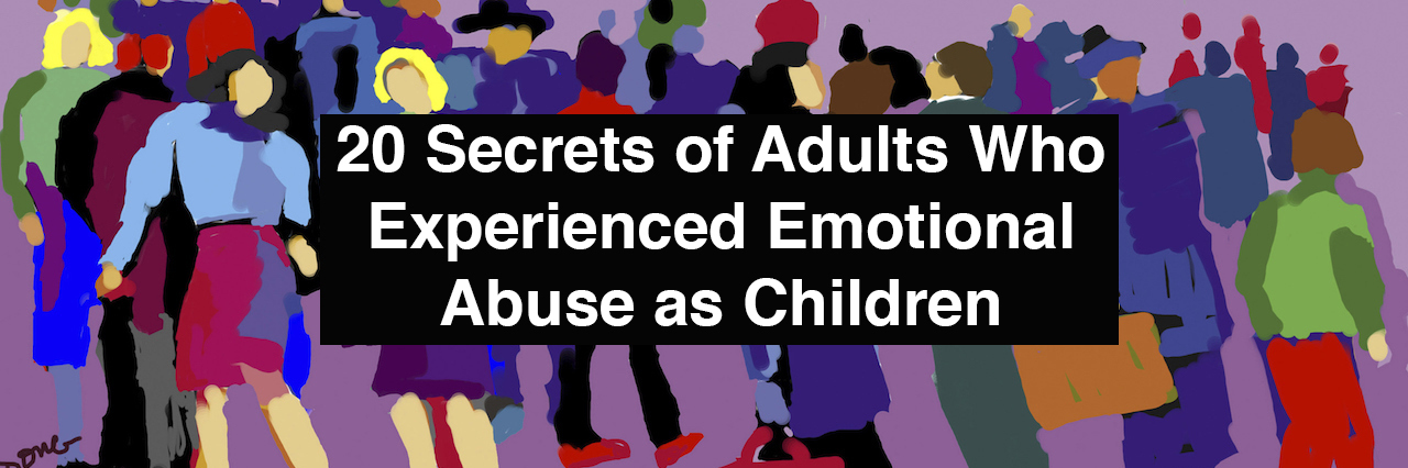 illustrations of people. Text reads: 20 secrets of adults who experienced emotional abuse as children