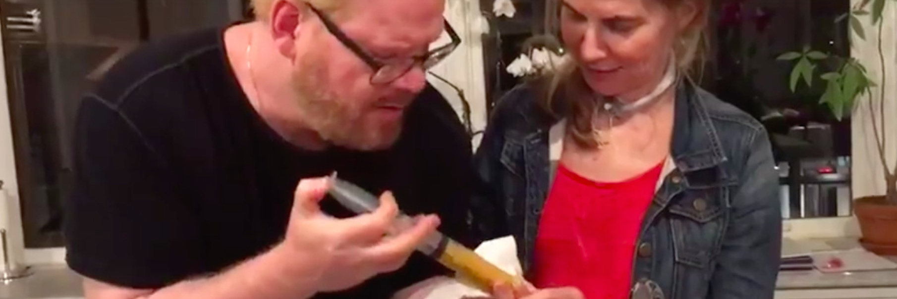 jim gaffigan using a syringe to inject his wife jeannie's feeding tube