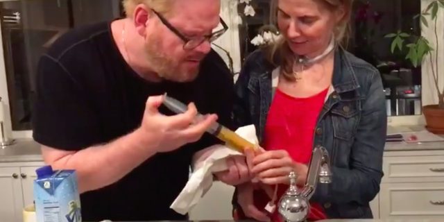 jim gaffigan using a syringe to inject his wife jeannie's feeding tube