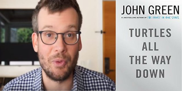 John Green next to cover of Turtles All the Way Down