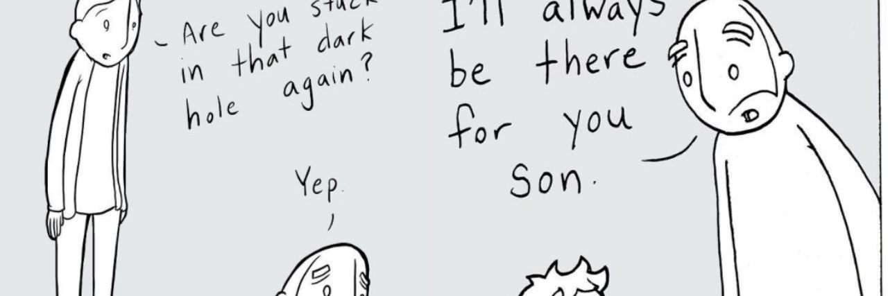 Chris Grady's 'Lunar Baboon' Instagram Shares Mental Health Struggles one comic of a wife asking her husband if he is in a dark hole while the husband is standing in a hole. Another comic of a father tallig his osn he'll always be there for him