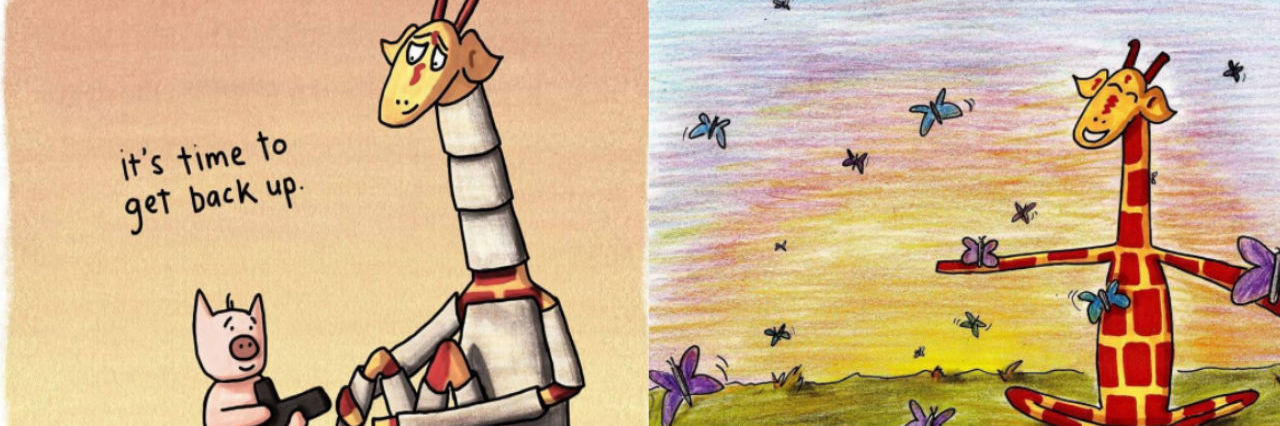 Penny Redshaw Creates Motivating Giraffe Mental Health Illustrations motivating giraffe illustrations. One reads 'it's time to get back up' with pig offering a knighted giraffe his sword. The other features giraffe in a field with butterflies captioned "there is still hope."