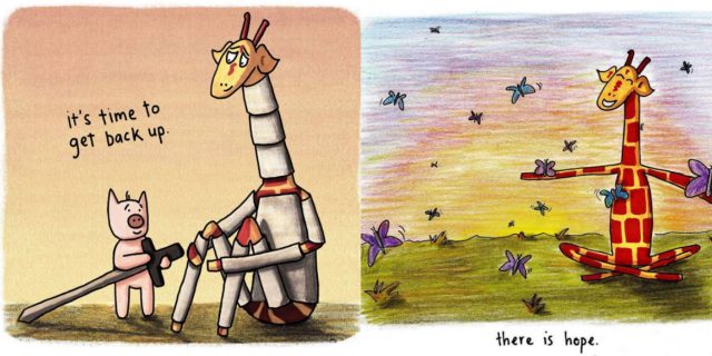 motivating giraffe illustrations. One reads 'it's time to get back up' with pig offering a knighted giraffe his sword. The other features giraffe in a field with butterflies captioned "there is still hope."