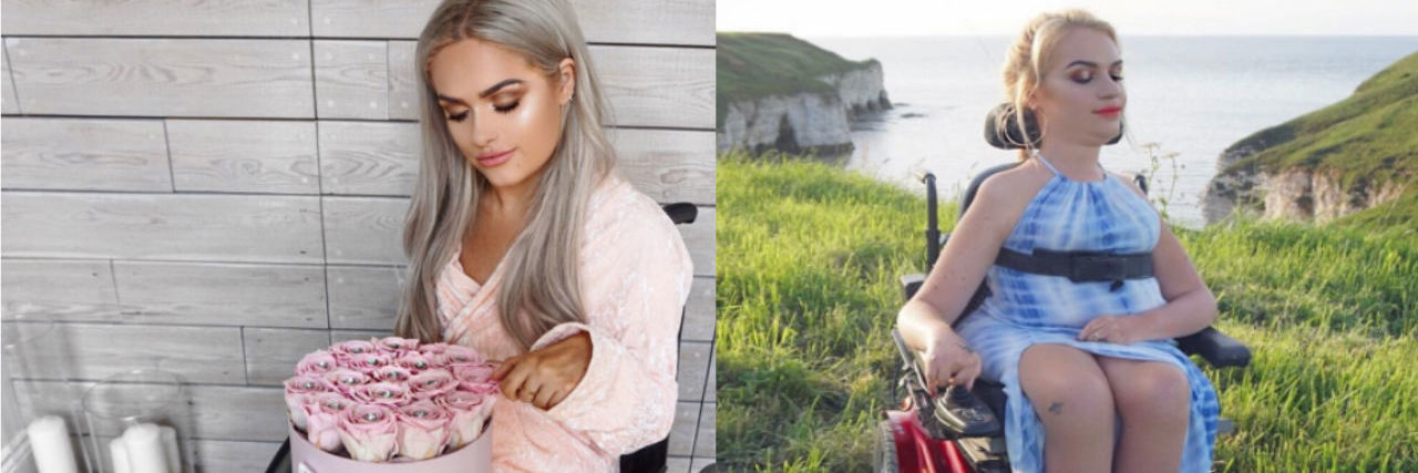 7 Beauty Instagrammers With Disabilities to Follow Jordan Bone sitting in a wheel chair in a white dress. Tess Daly sitting in a wheel chair in a blue dress, in a green field