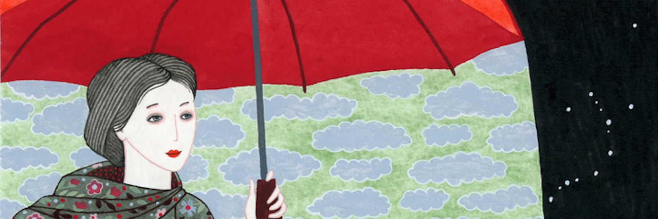 10 Signs Depression is Making a Comeback I created this illustration of a girl wearing floral raincoat holding red umbrella using watercolors on paper in 2013