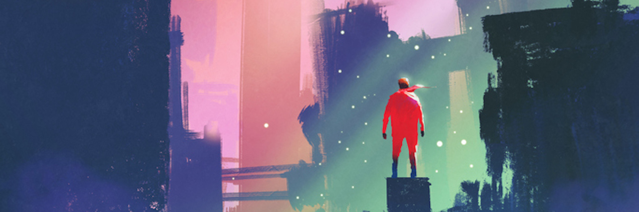 When People Mistreat Me and Blame Valid Emotions on My Mental Illness night scenery with red man standing on abandoned city,illustration painting