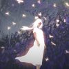 woman in glowing white dress standing among birds with digital art style, illustration painting