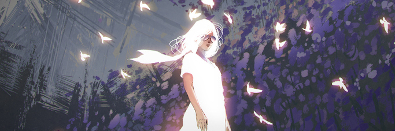 Depression Makes Me Feel Like I'm Either 'Too Much' or 'Not Enough' woman in glowing white dress standing among birds with digital art style, illustration painting