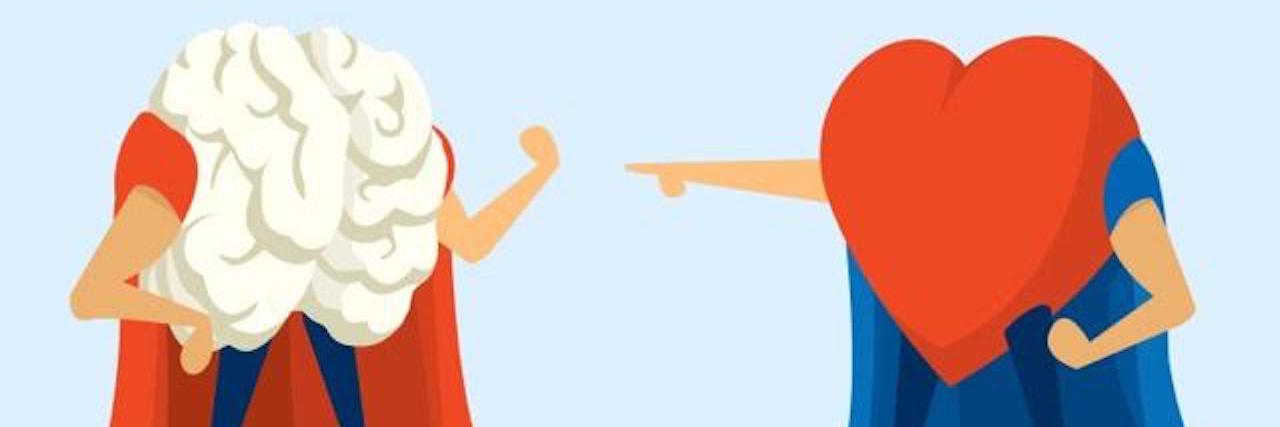brain and heart wearing superhero capes and pointing at each other