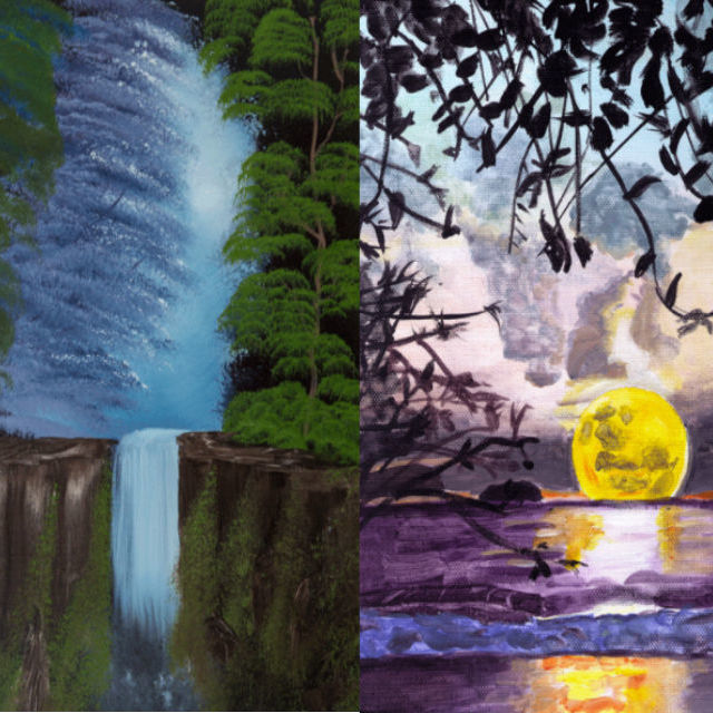 three paintings, one of pink trees, one of waterfall, one of the moon