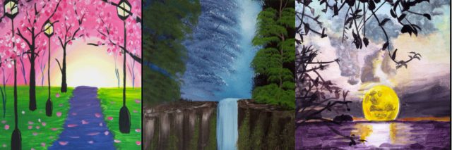 three paintings, one of pink trees, one of waterfall, one of the moon