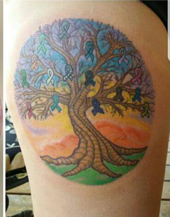 woman's tattoo of a tree of life with autoimmune disease awareness ribbons 