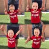 Four pictures with different facial expressions of little boy with Down syndrome wearing a red shirt