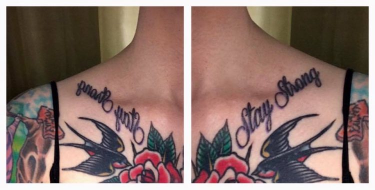 woman with stay strong tattoo on her collarbone
