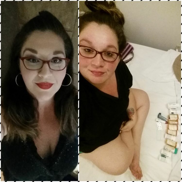 side by side photos of a woman dressed up for a night in vegas and the same woman sitting on her bed hours later taking all her pills