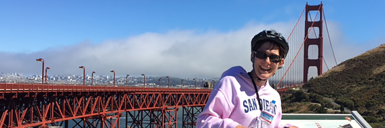 In San Francisco with the Golden Gate Bridge in the background.