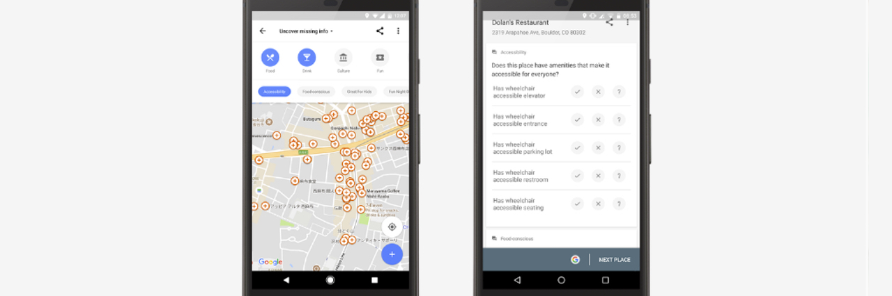 Two phones side by side. One with google maps pulled up and the other displaying the accessibility features for a nearby restaurant
