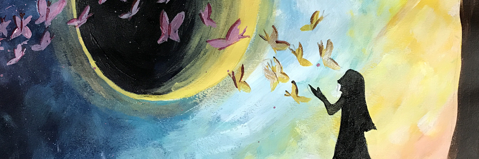 Learning to Ignore the Lies Depression Tells You painting of two women standing either side of eclipse with dark and light colors either side