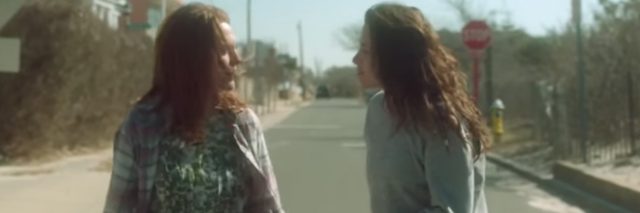A scene from the movie Still Alice: Kristen Stewart and Julianne Moore walking down a street, having a conversation